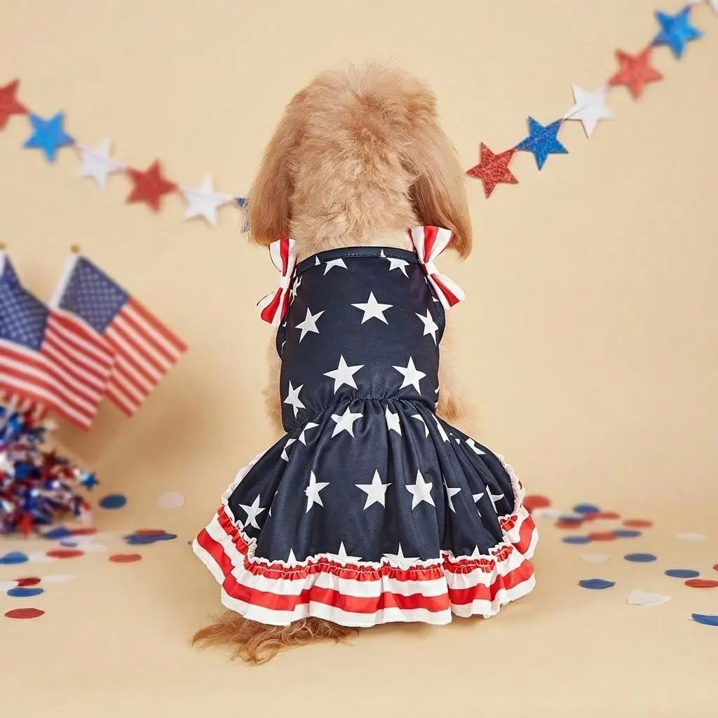 Striped Dress Shirt Cute Bowknot Sundress American Flag Stars Printed Princess Summer Puppy Apparel Clothes with Ruffles for Small Dogs Cats Puppy Independence Day Clothing Costumes Outfits