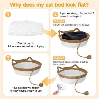 Cotton Rope Cat Bed, Foldable Sleeping Basket with Playing Rope Ball, Hand Woven Small Dogs Sofa Bed, Kitten Shaped House for Pets (Medium, Brown & Beige)