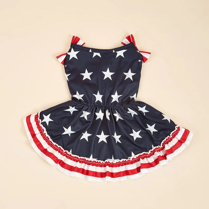 Striped Dress Shirt Cute Bowknot Sundress American Flag Stars Printed Princess Summer Puppy Apparel Clothes with Ruffles for Small Dogs Cats Puppy Independence Day Clothing Costumes Outfits