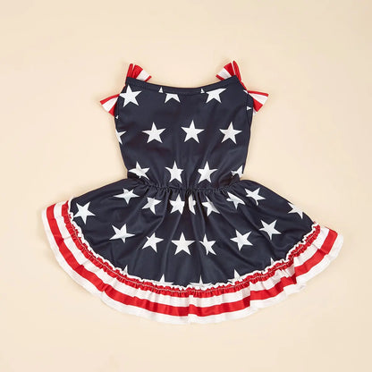 Striped Dress Shirt Cute Bowknot Sundress American Flag Stars Printed Princess Summer Puppy Apparel Clothes with Ruffles for Small Dogs Cats Puppy Independence Day Clothing Costumes Outfits
