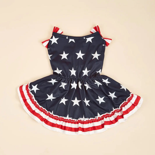 Striped Dress Shirt Cute Bowknot Sundress American Flag Stars Printed Princess Summer Puppy Apparel Clothes with Ruffles for Small Dogs Cats Puppy Independence Day Clothing Costumes Outfits