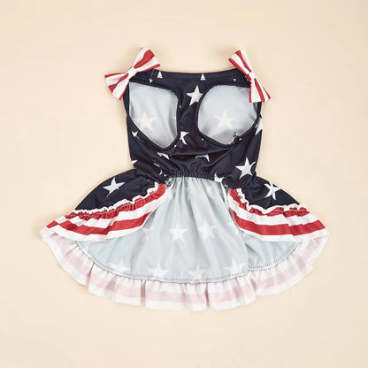 Striped Dress Shirt Cute Bowknot Sundress American Flag Stars Printed Princess Summer Puppy Apparel Clothes with Ruffles for Small Dogs Cats Puppy Independence Day Clothing Costumes Outfits