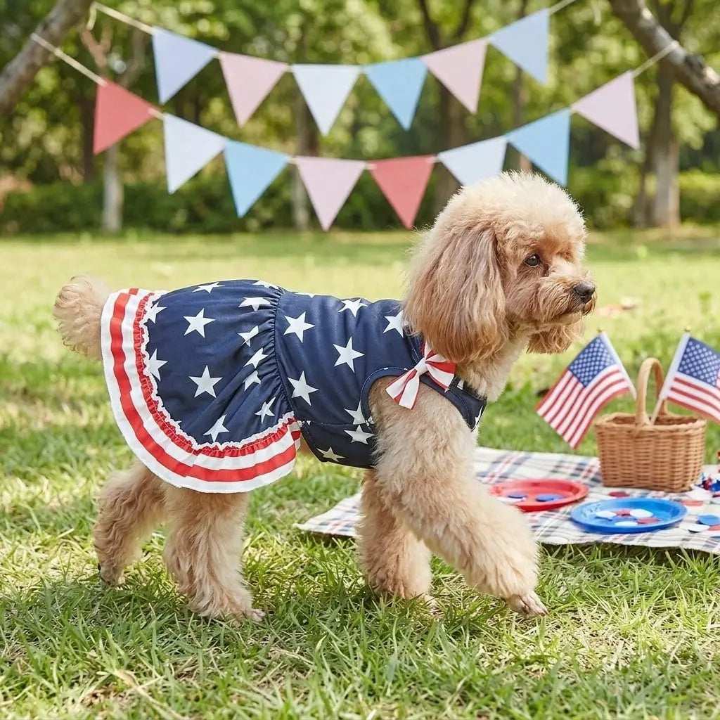 Striped Dress Shirt Cute Bowknot Sundress American Flag Stars Printed Princess Summer Puppy Apparel Clothes with Ruffles for Small Dogs Cats Puppy Independence Day Clothing Costumes Outfits