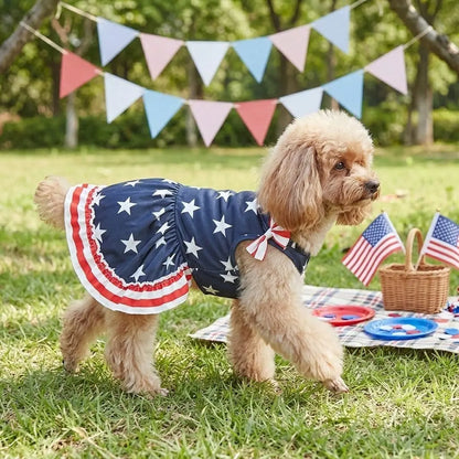 Striped Dress Shirt Cute Bowknot Sundress American Flag Stars Printed Princess Summer Puppy Apparel Clothes with Ruffles for Small Dogs Cats Puppy Independence Day Clothing Costumes Outfits