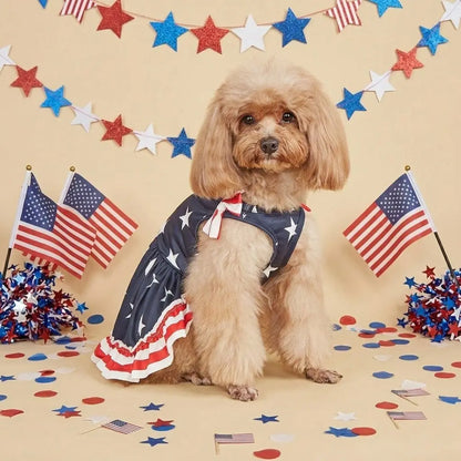 Striped Dress Shirt Cute Bowknot Sundress American Flag Stars Printed Princess Summer Puppy Apparel Clothes with Ruffles for Small Dogs Cats Puppy Independence Day Clothing Costumes Outfits